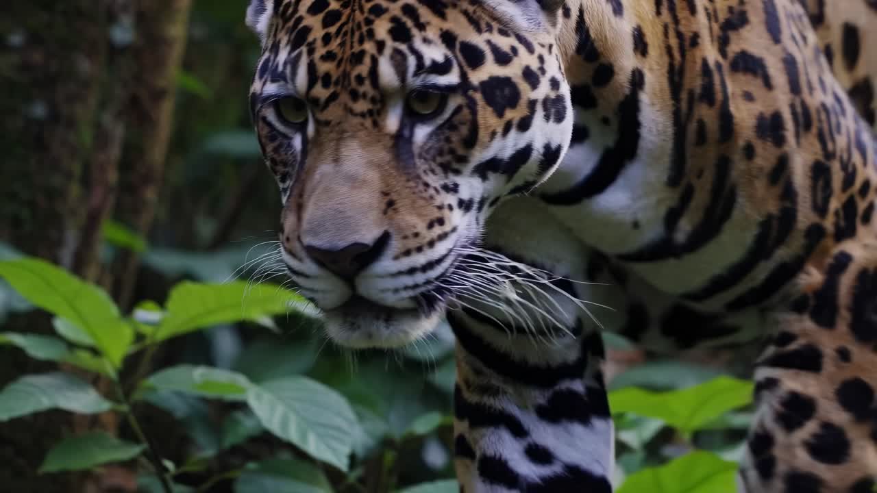 Close-up, eye-level shot of a jaguar prowling through dense jungle foliage, capturing its intense