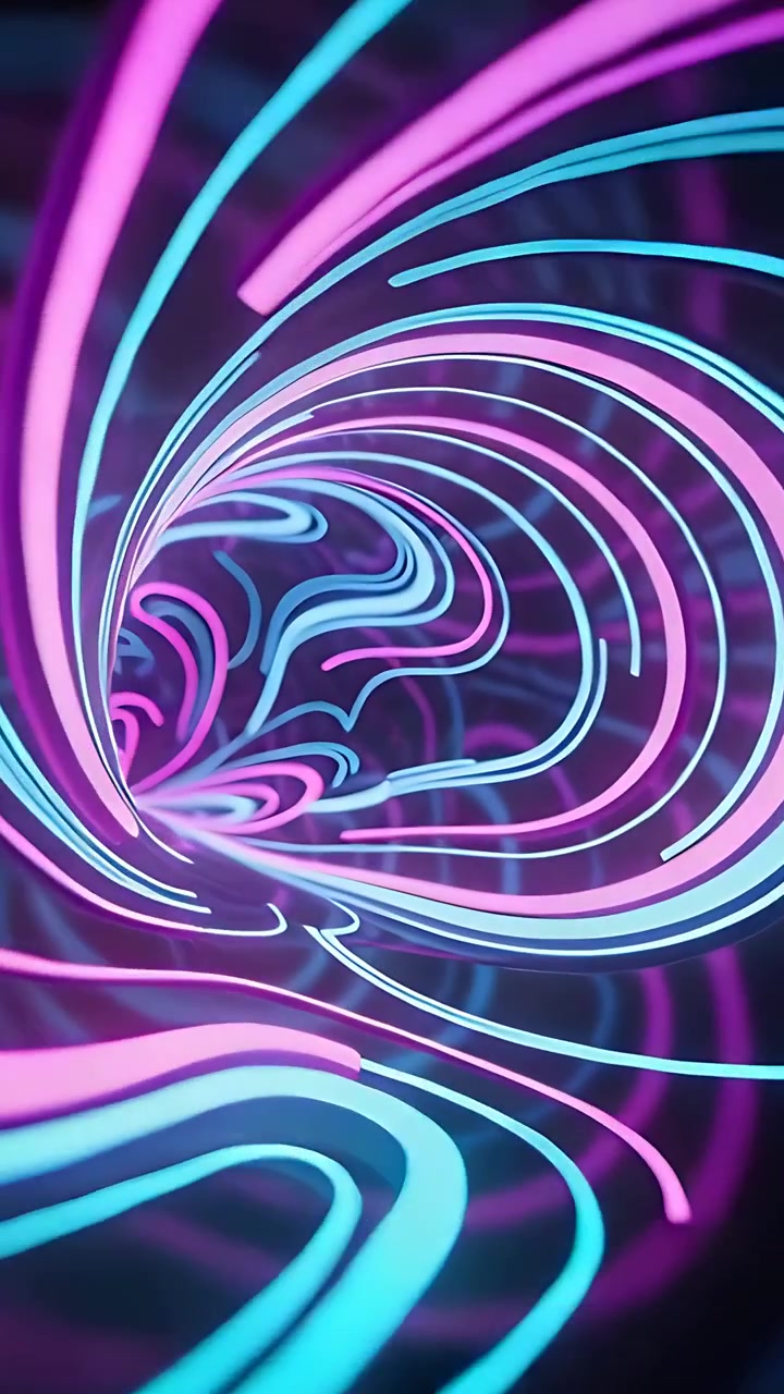 Vertikální video: Posouvající se kamera vtahující neonový tunel dovnitř, azurové a purpurové pruhy vtahující pohled hlouběji.