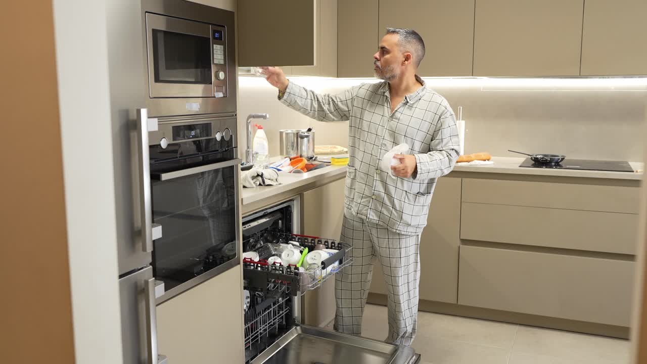 Homme en vêtements dans une cuisine avec un lave-vaisselle