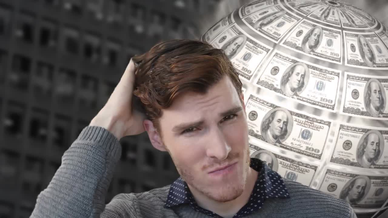 미국 달러 지폐와 걱정 된 백인 사업가로 형성 된 지구촌의 애니메이션