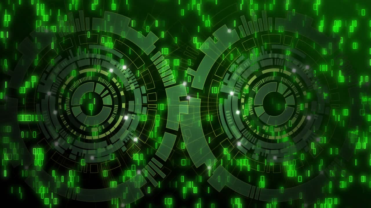 Green code rain starting, dual concentric HUDs rotating, pulsing, aligning, forming data connector
