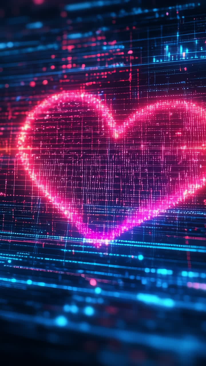 Digital heart glowing in vibrant colors. A glowing heart shape appears amidst a backdrop of colorful digital lines and patterns, showcasing a futuristic design.