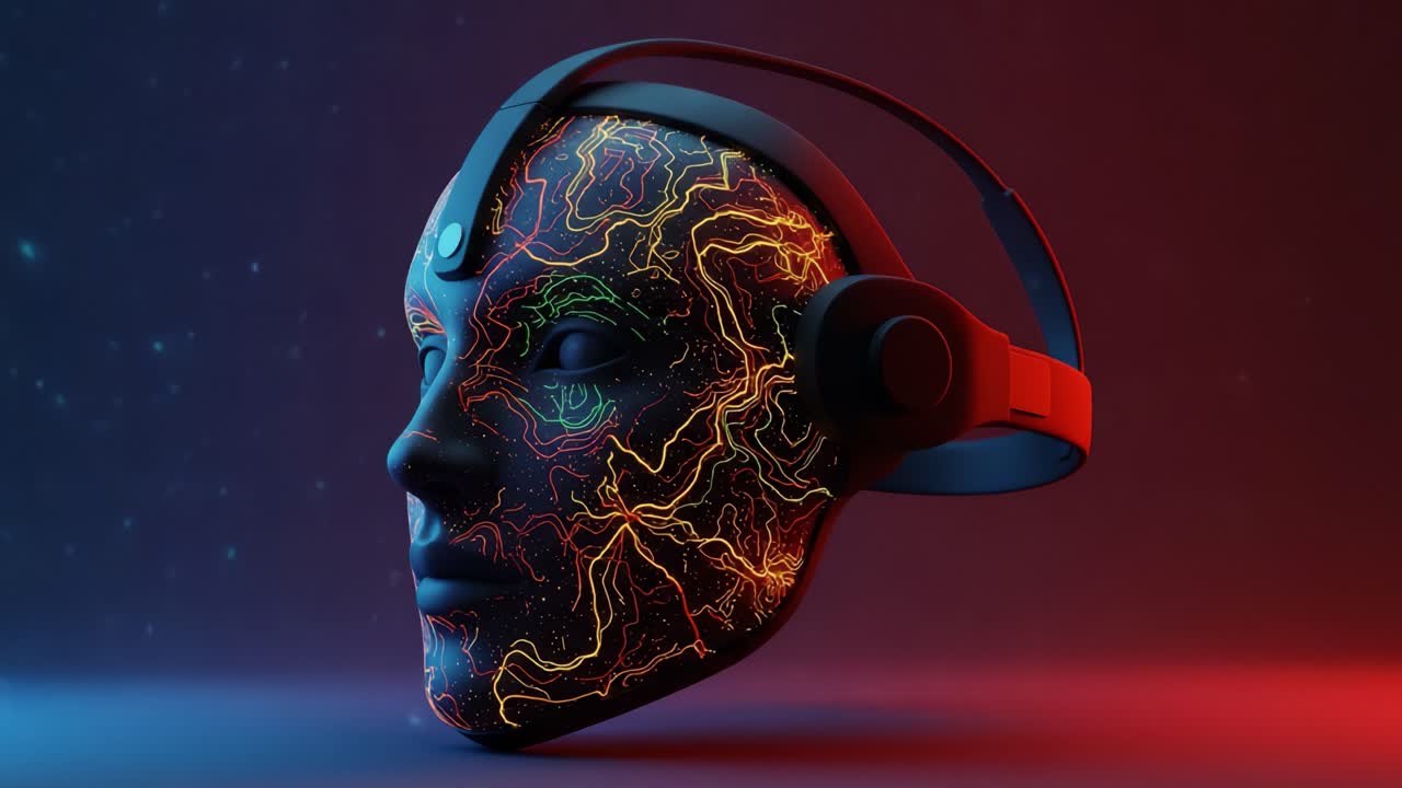 A Futuristic Hybrid Representation of Artificial Intelligence Featuring a Headset, Merging Technology with Abstract Neural Patterns in Vivid Colors