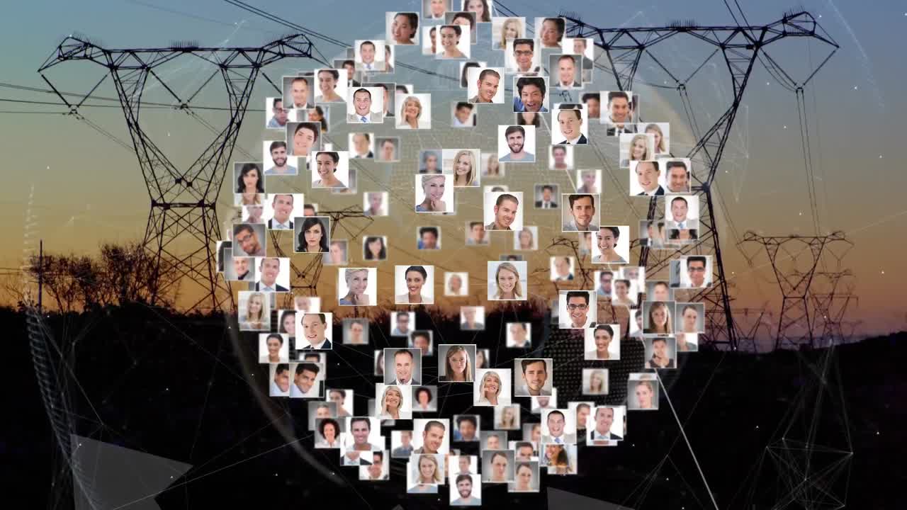 Animation of globes and arrows over globe of people's photographs spinning over landscape