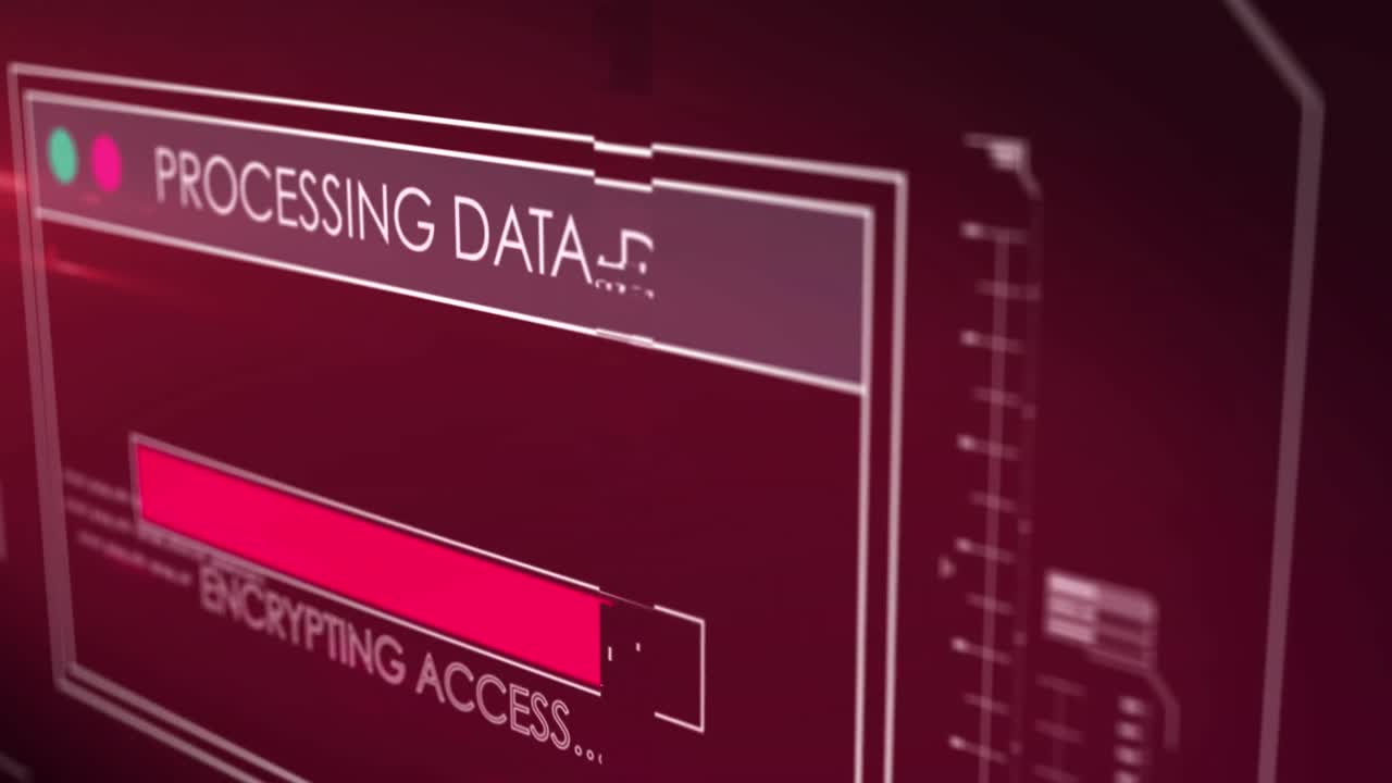 animación de la interfaz con procesamiento de datos contra un fondo rojo.