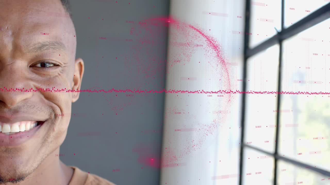 Man by grid window shifting smile across frames, red wave, orbs rising around him marketing