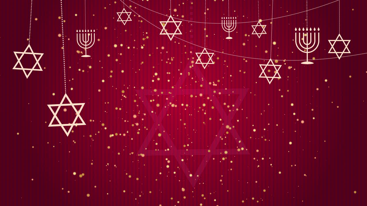 Star of David and Menorah are symbols of Judaism. Jewish characters on red animated background with shiny gold particles. Looped video.