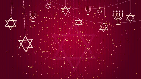 Star of David and Menorah are symbols of Judaism. Jewish characters on red animated background with shiny gold particles. Looped video.