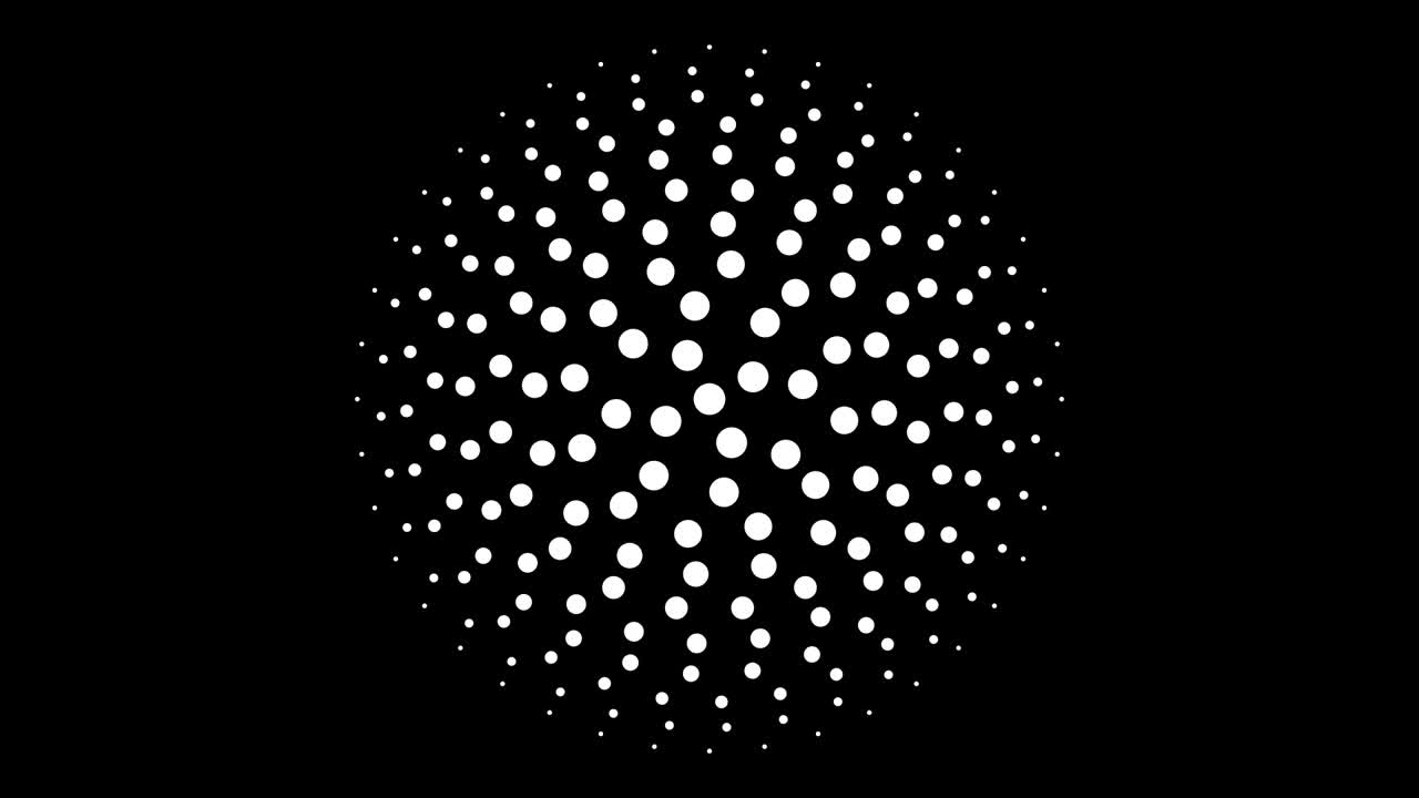 patrón de puntos circular monocromático sin costuras animación 4k con simetría de rotación de 4 pliegues