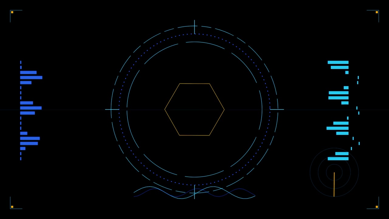 Futuristic Digital HUD Interface with Rotating Hexagon and Data Graphs