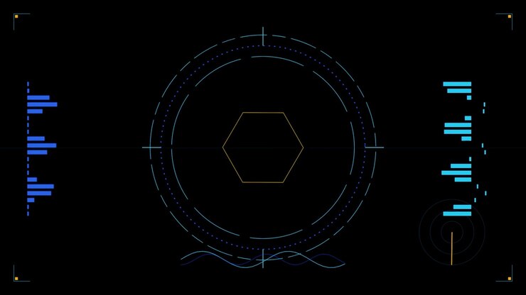 Futuristic Digital HUD Interface with Rotating Hexagon and Data Graphs