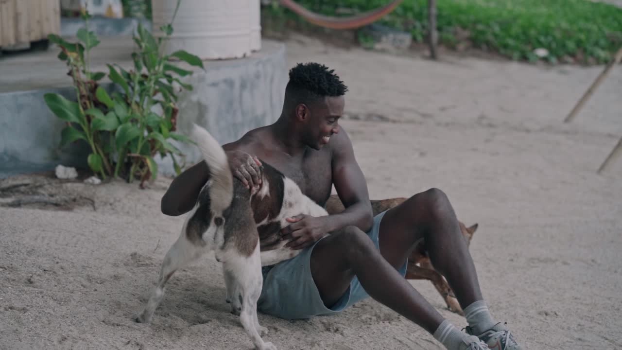 Uomo sorridente che gioca con due cani sulla sabbia