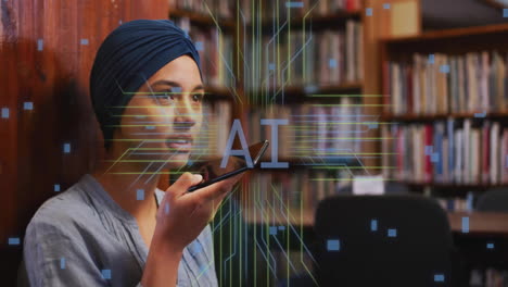 animation of ai text and data over biracial female student in hijab with smartphone