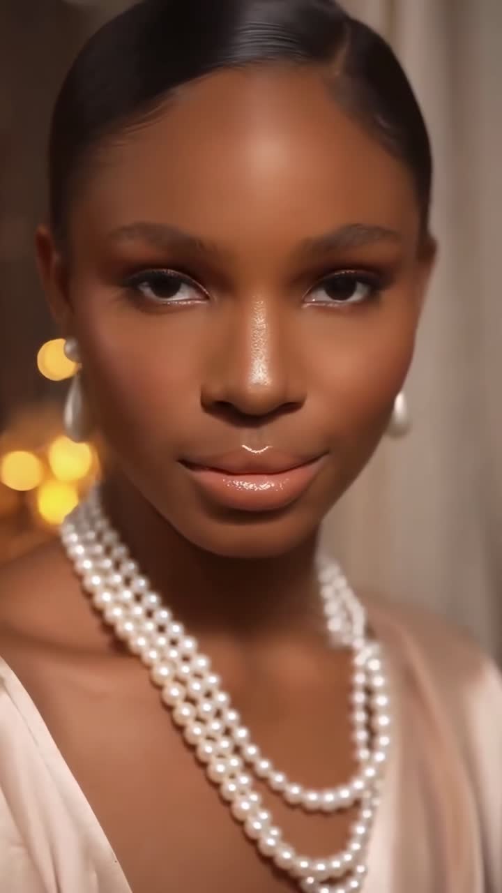 Elegante primo piano video di una donna con gioielli di perle, che mostra uno stile delicato e glamour