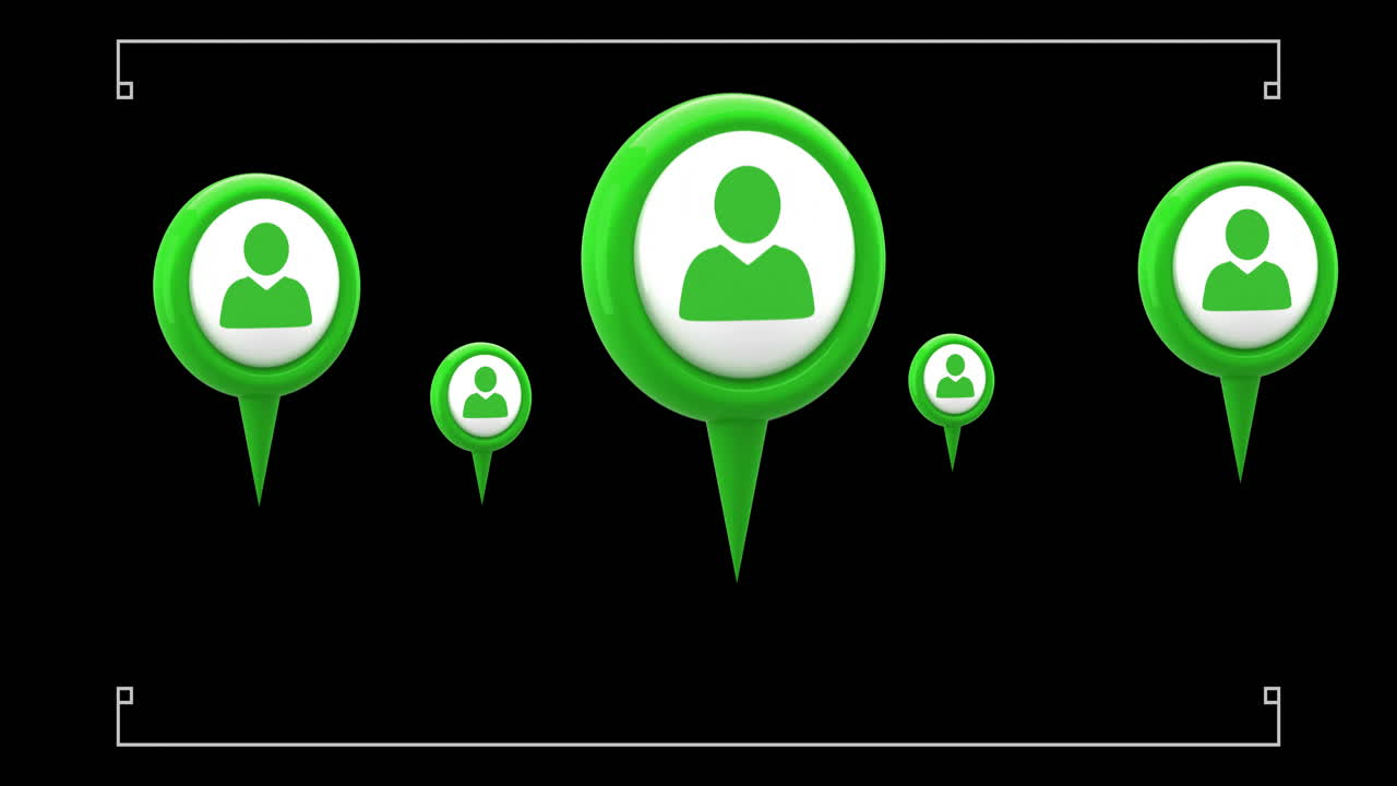 Animation showing green location markers with person icons on black background