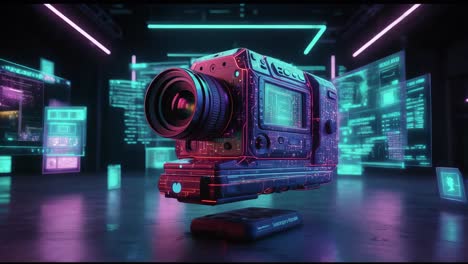 futuristic camera in a cyberpunk setting