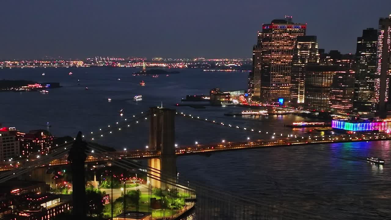 Stunning aerial view of New York City skyline at night with lights