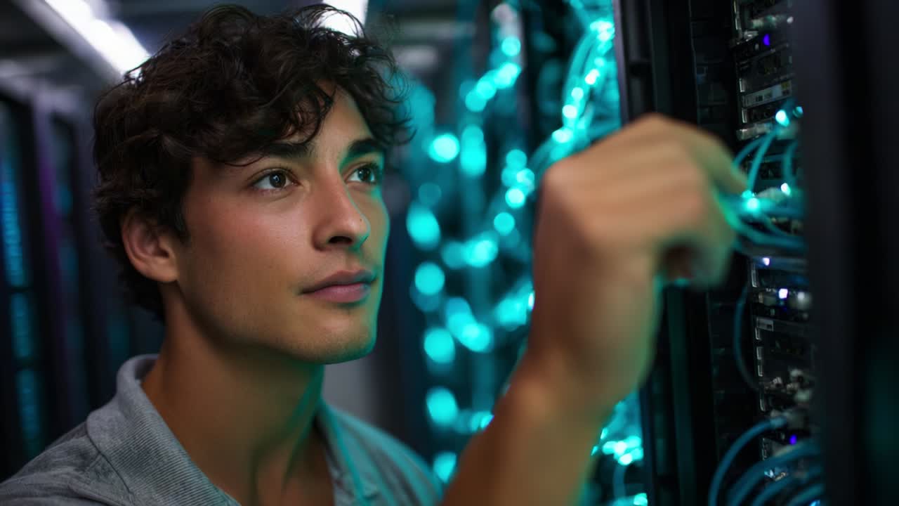 Focused Technician Working on Data Center Equipment with Glowing Cables, Illustrating Modern Technology's Role in Connectivity and Maintenance of Server Performance and Operation