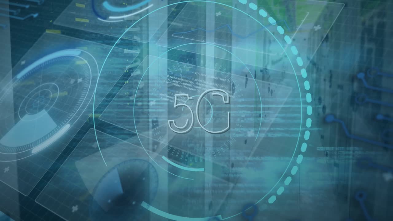 animación de texto 5g, escaneo de alcances y procesamiento de datos a través de servidores