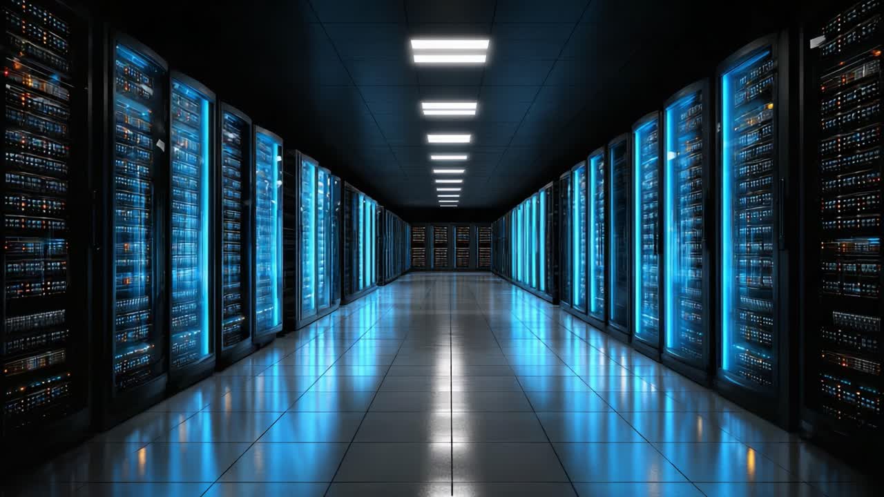 Exploring the Heart of Data Storage: A Journey Through a High-Tech Server Room with Futuristic Blue Lighting and Rows of Data Cabinets