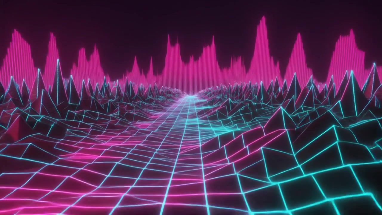 Retro Synthwave digitaal landschap met gloeiend neonraster