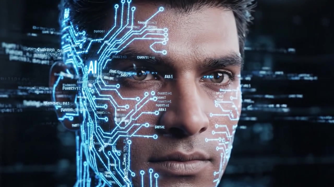 Uma Visualização Impressionante da Integração Entre Humanidade e Tecnologia, Apresentando uma Figura Masculina com um Design de Circuito Futurista Interligado ao Seu Rosto, Simbolizando a Inovação da IA
