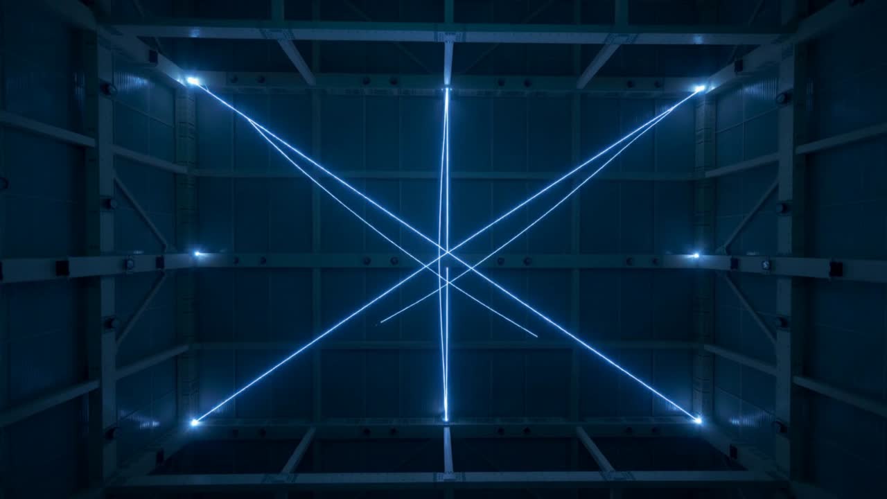 Activating thin blue lasers forming star-triangle lattice across metal grid, creating patterns