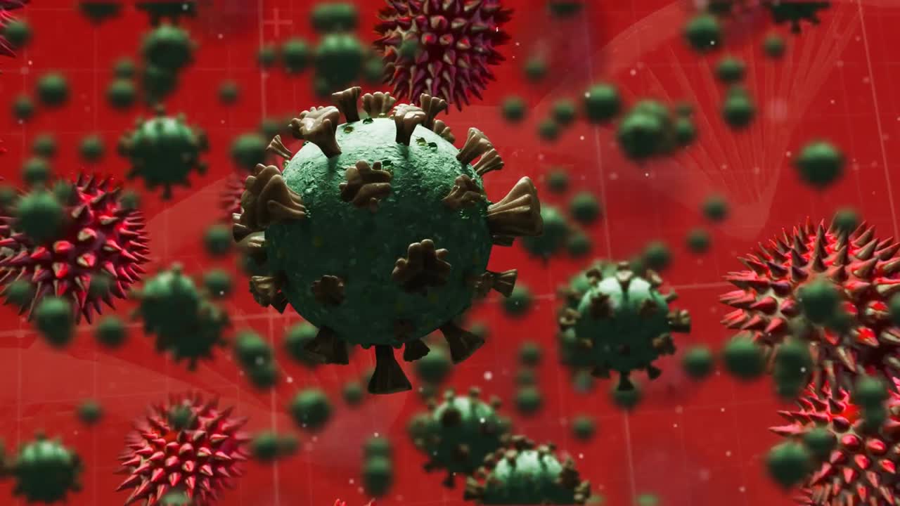 Animation of virus cells over dna strand on red background
