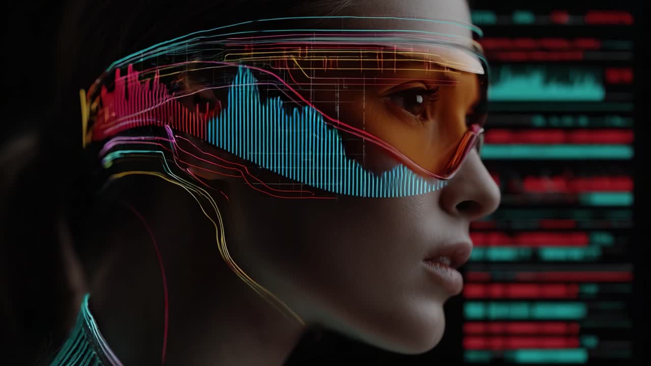 A Futuristic Portrait of a Woman with High-Tech Visual Aids and Dynamic Data Streams Representing Advanced Technology and Digital Interface Overlays