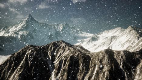 heavy snowing, focused on the snowflakes, mountains in the background