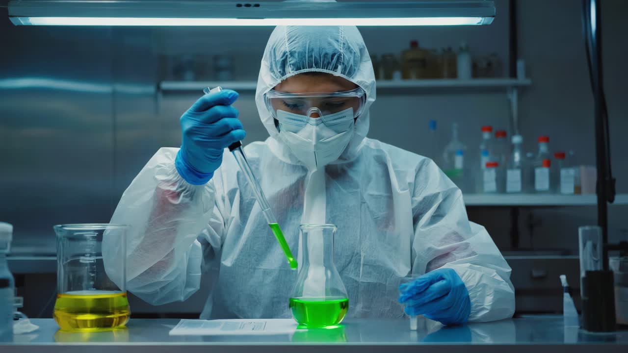 Scientist in full PPE conducting an experiment in a laboratory