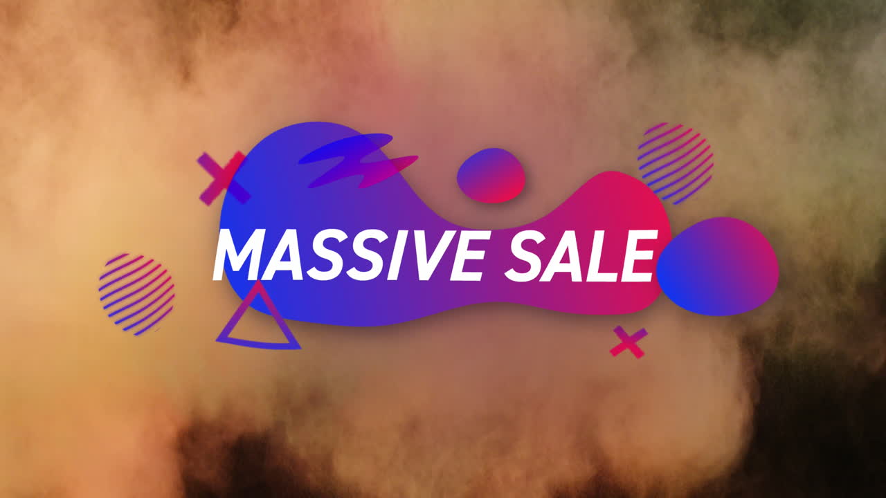 검은색 배경에 다채로운 파우더 위에 모양을 가진 대규모 판매 텍스트의 애니메이션