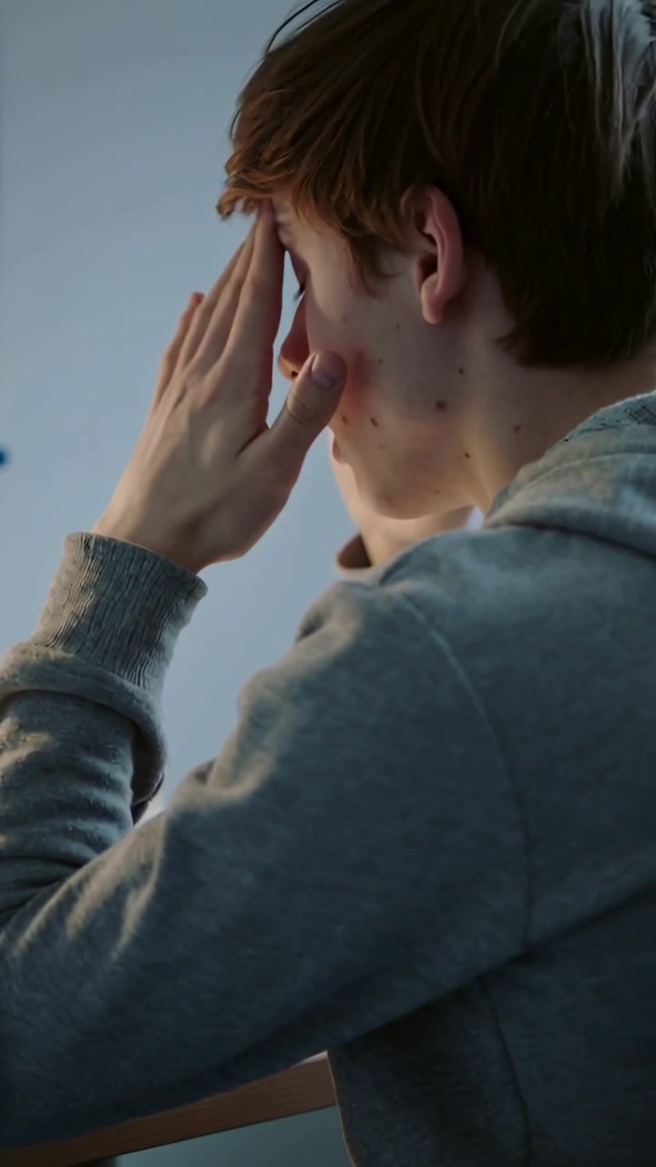 Vídeo vertical: Adolescente de moletom cinza esfregando e pressionando o nariz na mesa, aliviando a fadiga com livros