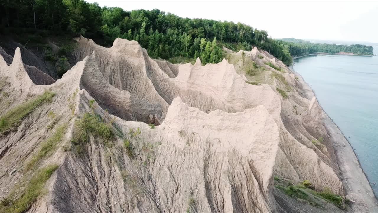 vista aérea de los acantilados de arena en el lado del lago
