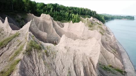 Vista-Aérea-De-Acantilados-De-Arena-Al-Lado-Del-Lago