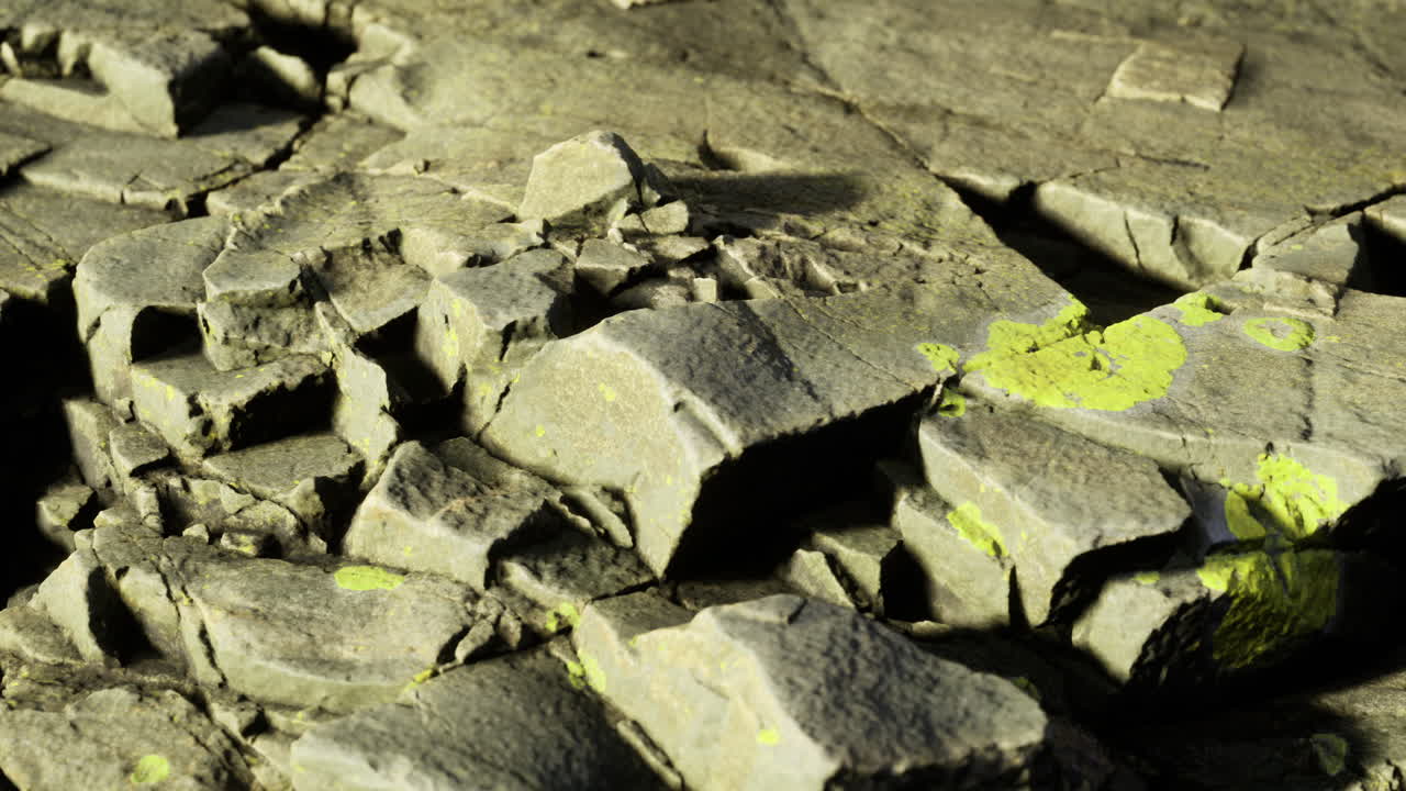 Natural stone surface exhibiting cracks and bright green patches in sunlight