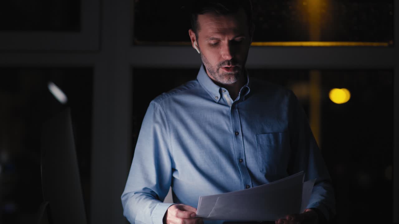 Caucasian adult businessman working to late at the office.