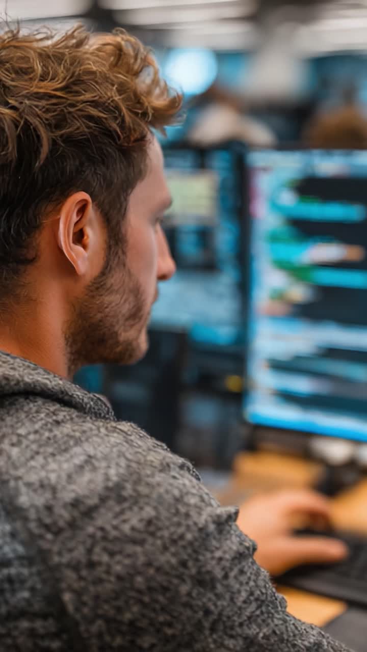 Programmatore concentrato che scrive codice sullo schermo di un computer in un moderno ambiente d'ufficio, dimostrando abilità e concentrazione nello sviluppo software