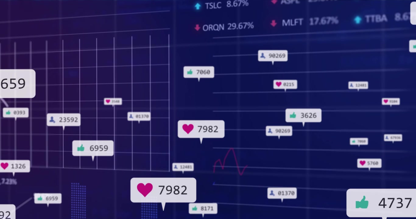 Animation of social media icons, statistical and stock market data processing on blue background