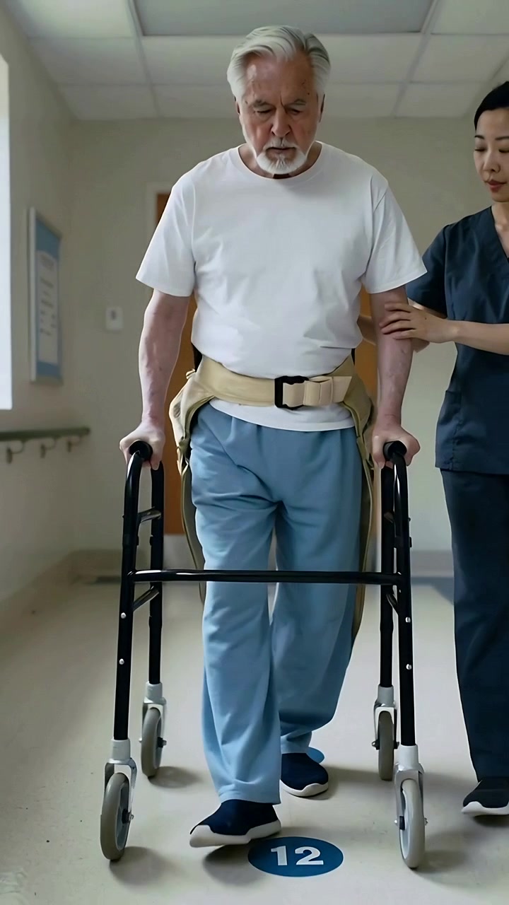 Vertikal video: Sykepleier i uniform holder armen og veileder en eldre person som bruker rullator i en rehabiliteringshall, med gangbelte.