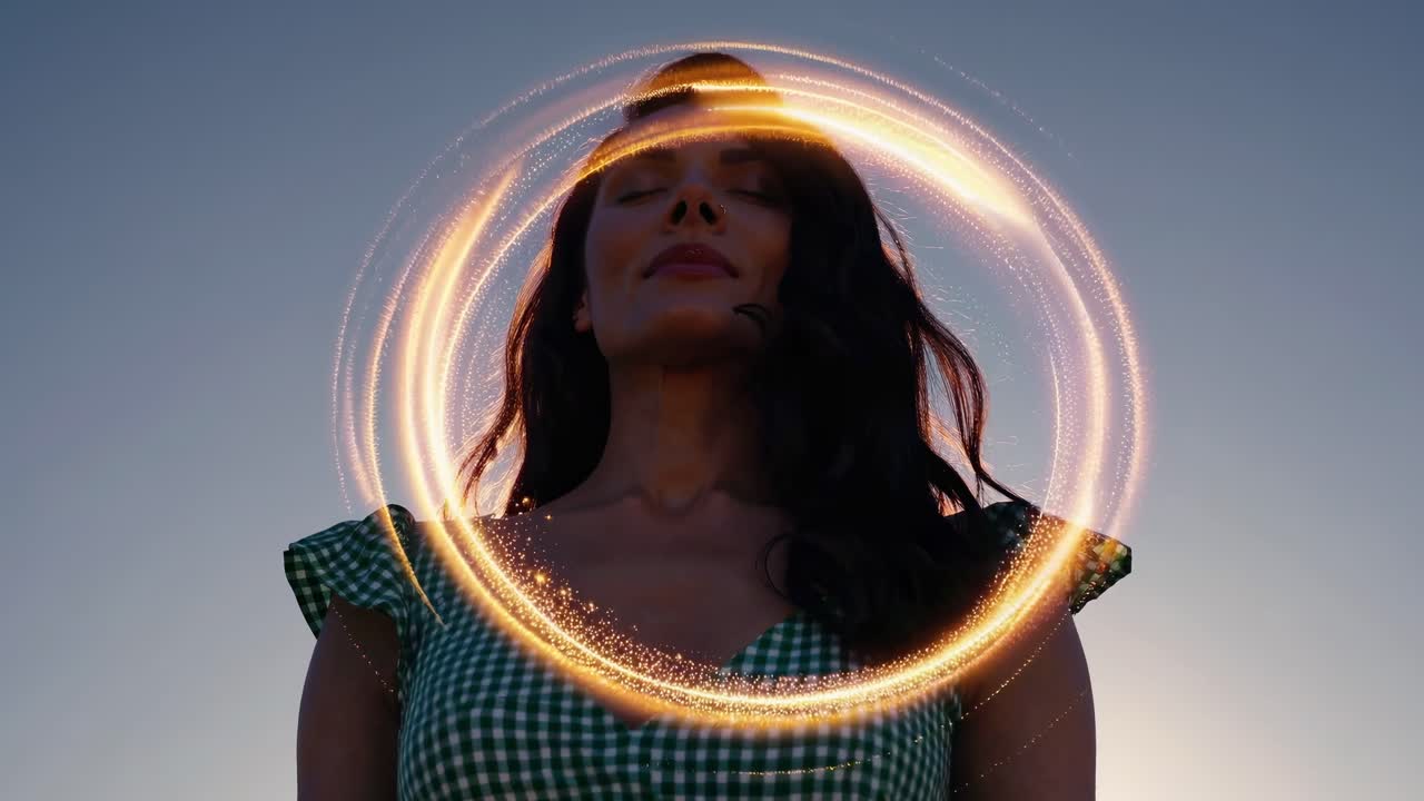 un halo dorado luminoso que envuelve a una mujer serena con los ojos cerrados, el cabello largo y oscuro, y un vestido verde, que irradia energía espiritual y mística etérea a través de un efecto visual brillante y reluciente