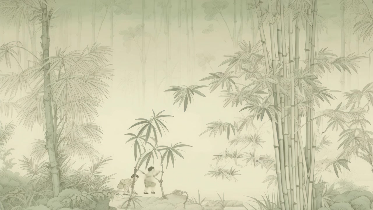 Bambini animati che giocano in un sereno paesaggio di giungla di bambù