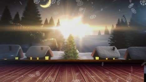 Animation-of-snowflakes-falling-over-happy-holidays-text-banner-against-winter-landscape