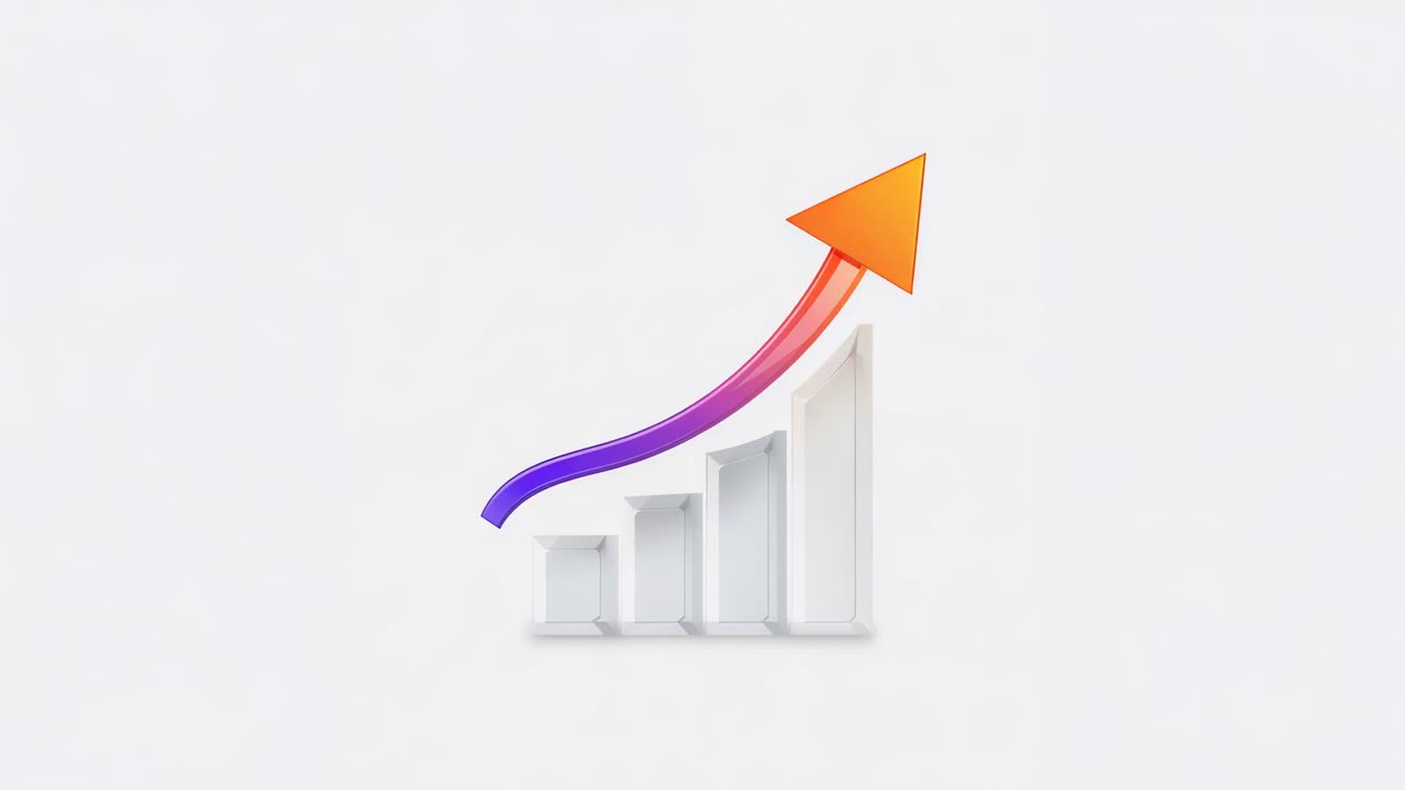 Looping centered graphic on slide canvas, gradient arrow arcing above four 3D bars, showing growth