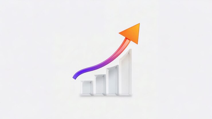Looping centered graphic on slide canvas, gradient arrow arcing above four 3D bars, showing growth