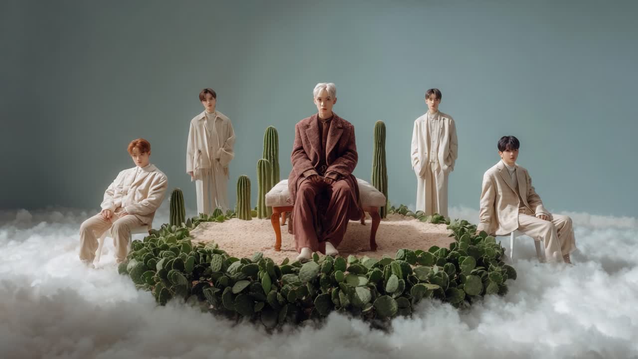 A Serene Group Portrait of Five Individuals Surrounded by Lush Greenery and Soft Clouds, Emphasizing a Dreamy Atmosphere and Intriguing Contrast in Fashion Choices
