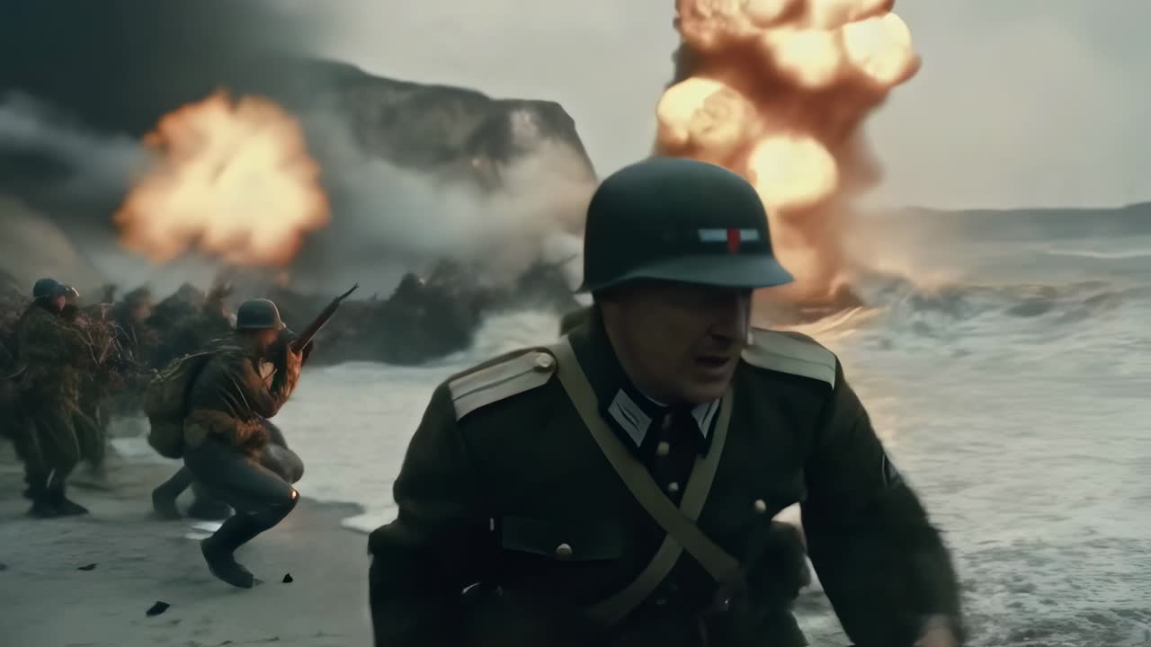 Brave soldiers trudging across war torn Normandy beach, navigating through explosive battlefield, facing intense enemy fire during pivotal World War II amphibious assault