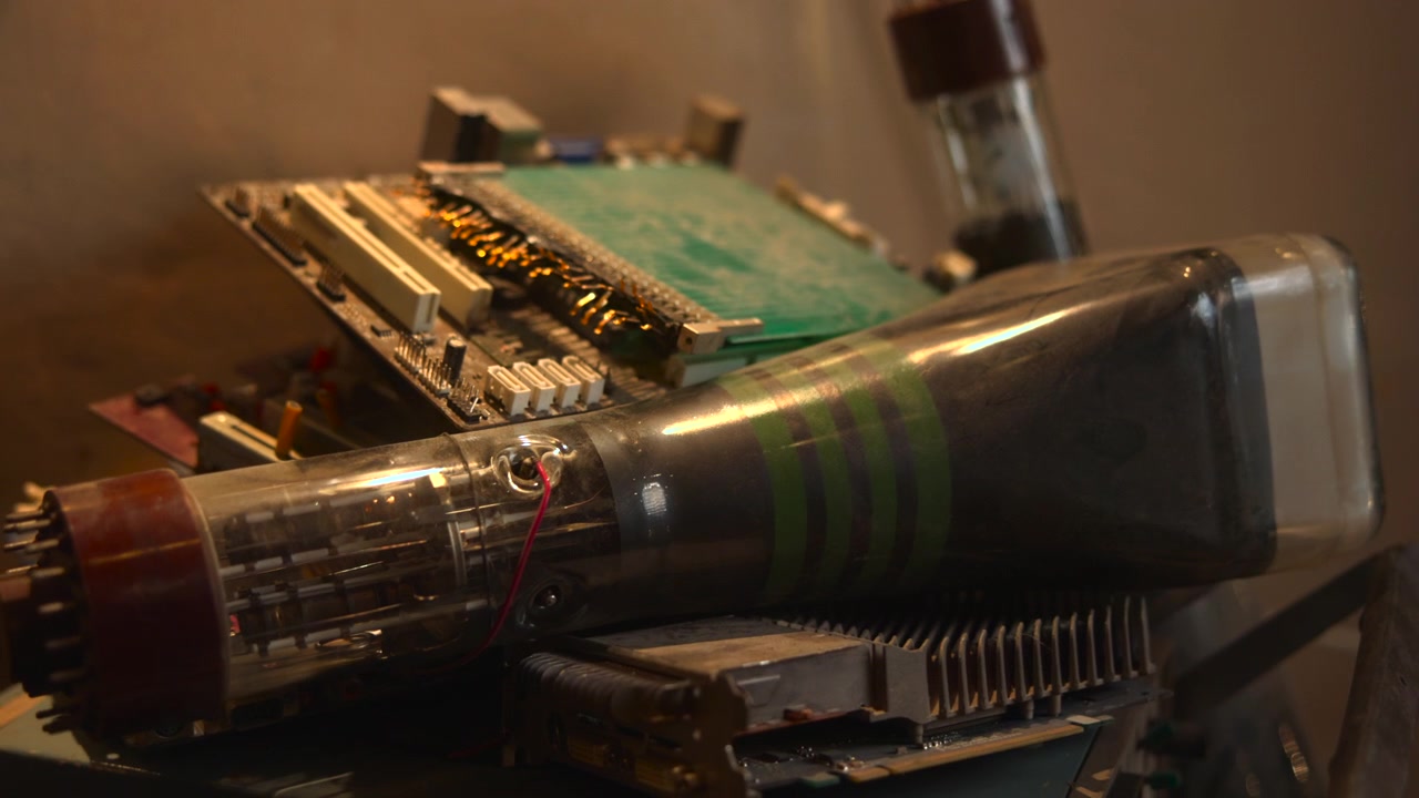 Vintage Vacuum Tube On Electronics Pile With Green PCB And Glass Valve Elements, Warm Tungsten Lighting