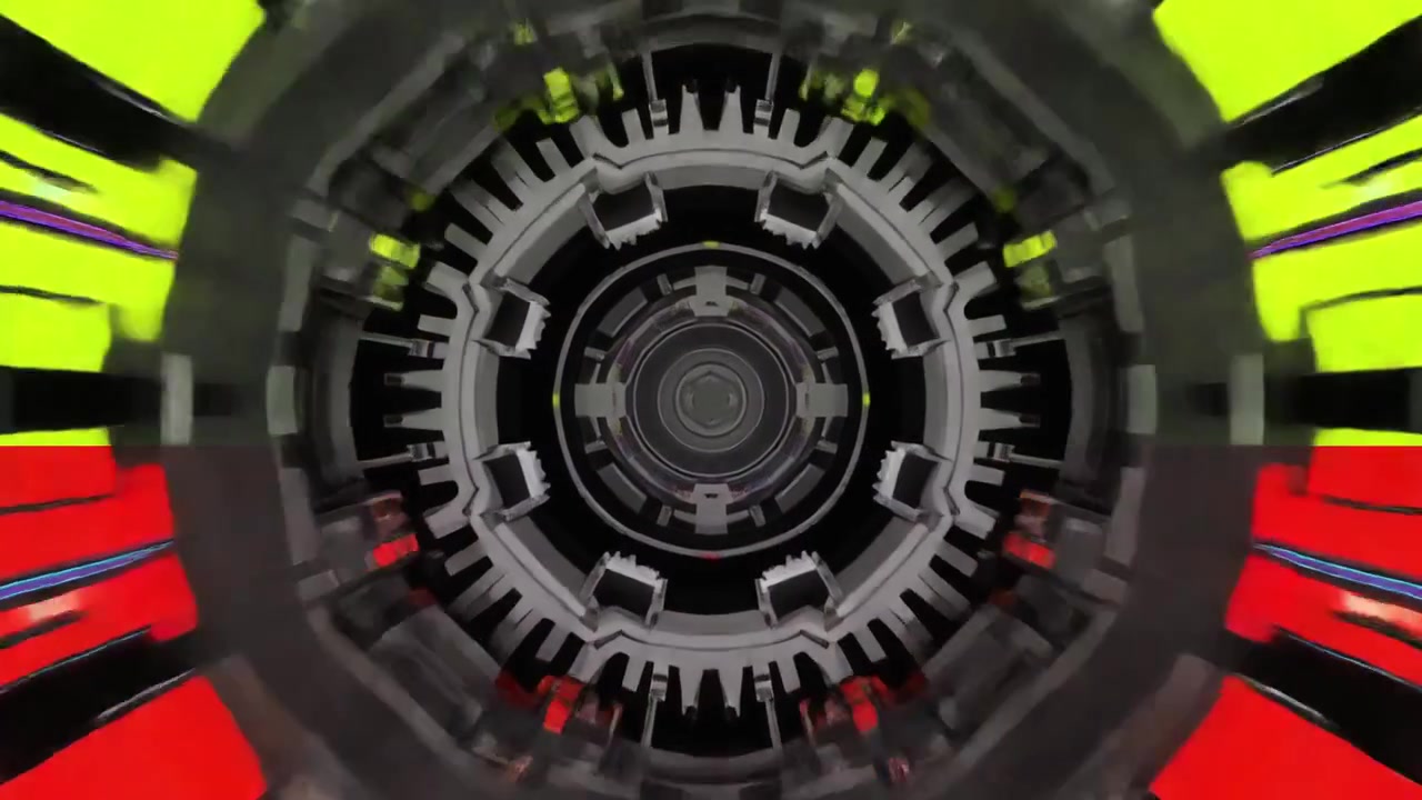 Abstract Mechanical Tunnel with Rotating Colorful Geometric Rings