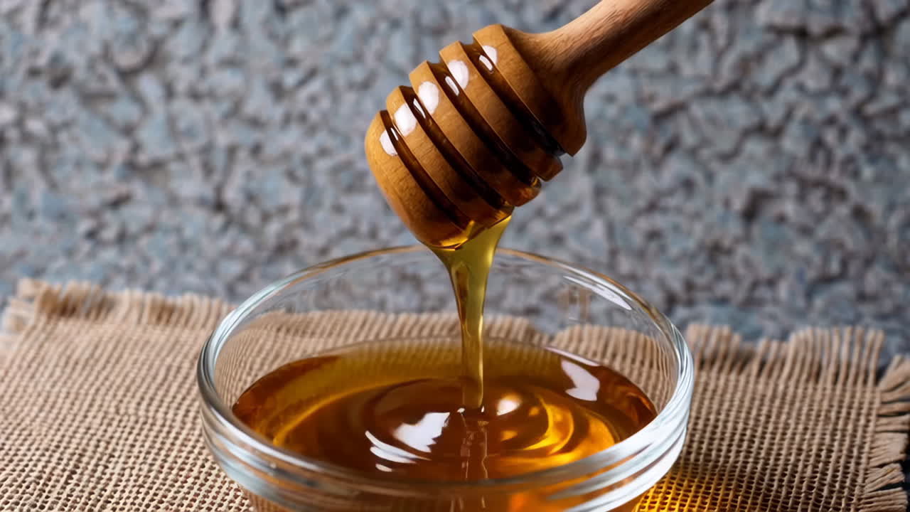 Miele che cola da un mestolo di legno in una ciotola di vetro
